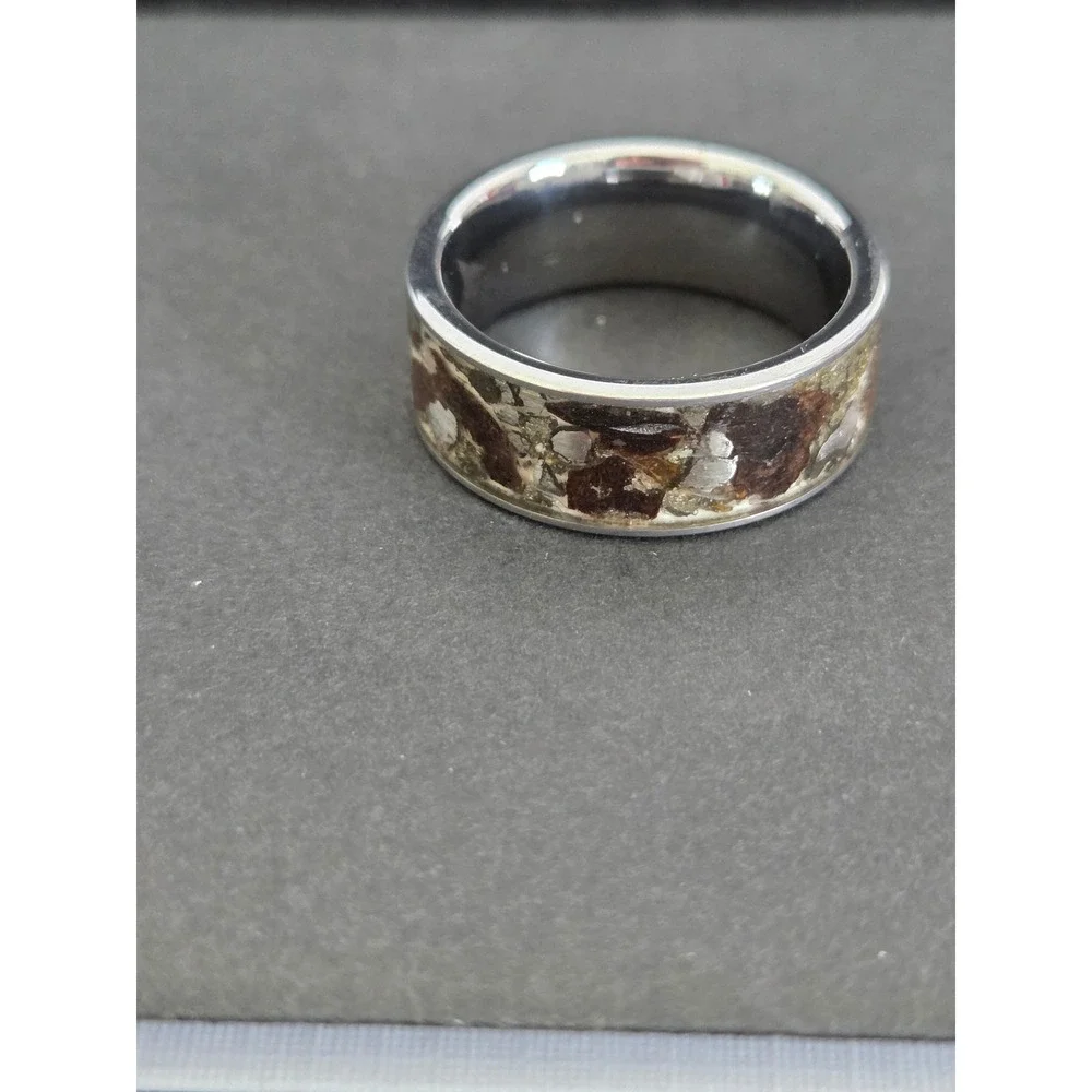 Unique T-Rex Fossil, Meteorite, Pyrite, & Quartz Crystal, Tungsten Ring Size 7.5